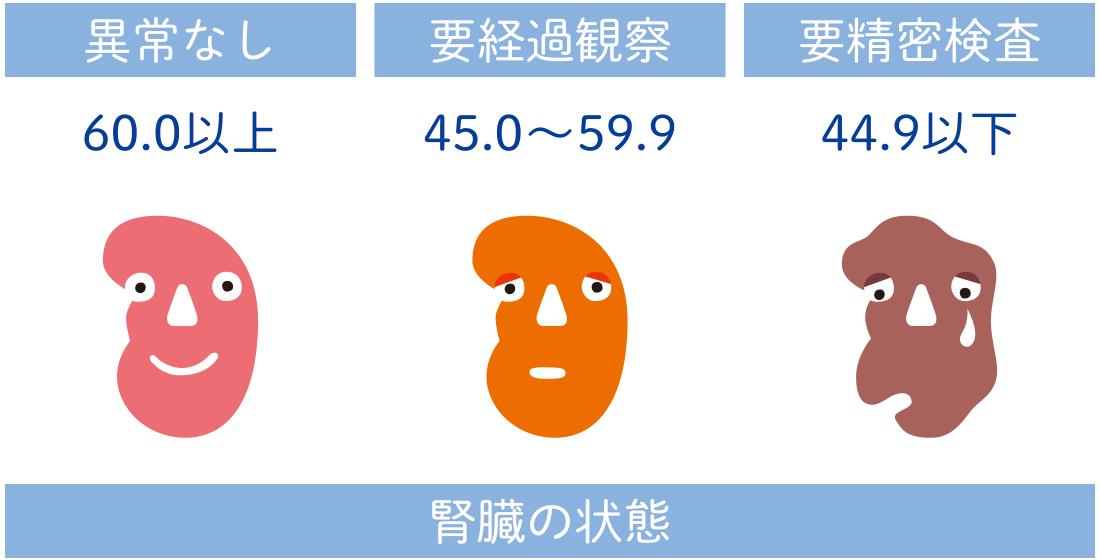 60.0以上は異常なし、45.0～59.9で要経過観察、44.9以下で要精密検査となります。