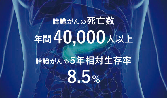 膵臓がん（死亡数／年間40,000人以上、5年相対生存率／8.5%）